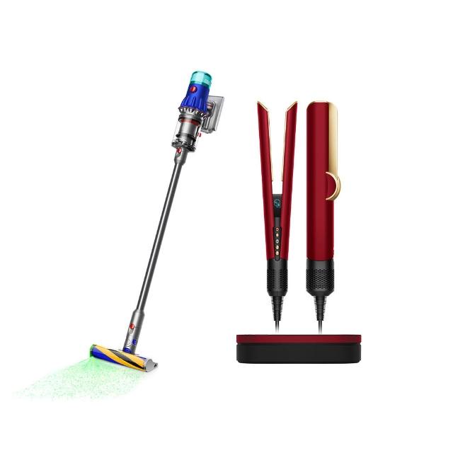 【dyson 戴森】V12 強勁智慧無線吸塵器 + HT01 二合一吹風直髮器 吹風機 離子夾(絲絨紅 禮盒版)(超值組)
