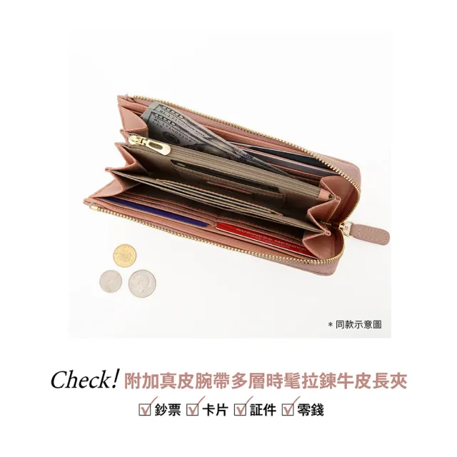 【KINAZ】附飛機珍珠吊飾腕帶L型拉鍊牛皮長夾-莓露櫻粉-飛機果凍系列