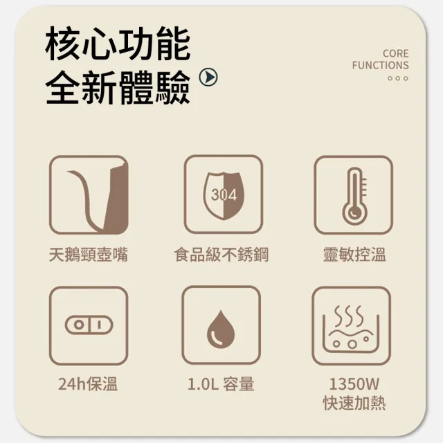 YIZ藝匠 手沖壺 110V電熱咖啡壺 1L天鵝頸細口壺（304不鏽鋼 仿木紋手柄+防燙設計+智慧顯溫）