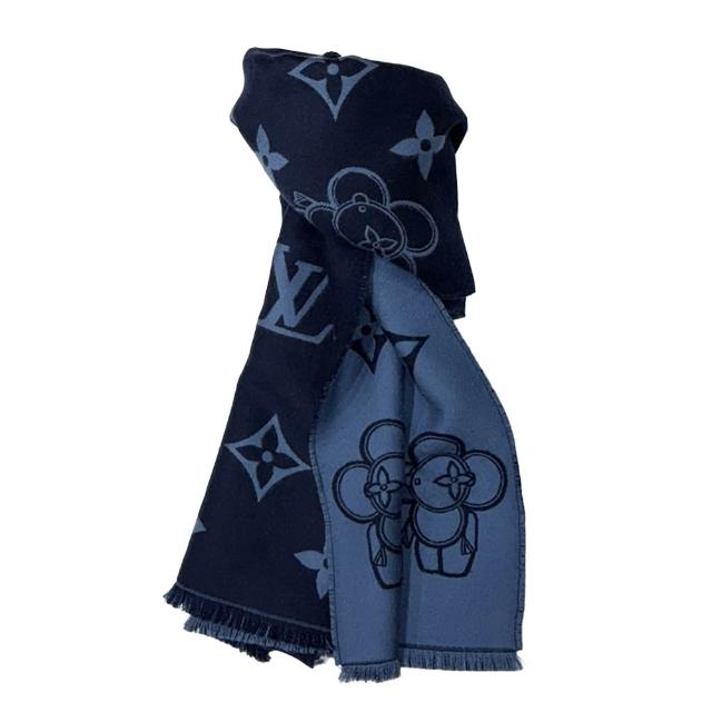 【Louis Vuitton 路易威登】M77129 經典Monogram Vivienne圖案羊毛流蘇飾邊雙色圍巾(海軍藍)