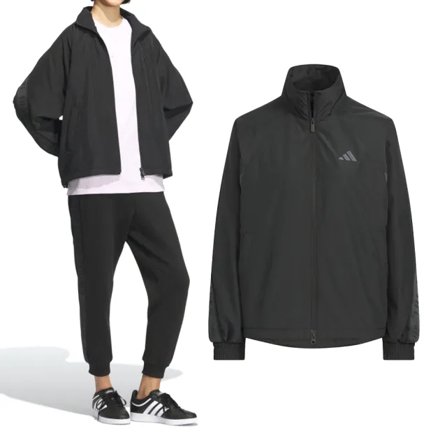 【adidas 愛迪達】Word Wv Jkt 女款 黑色 寬鬆 立領 全開式拉鍊 休閒 外套 JZ8444