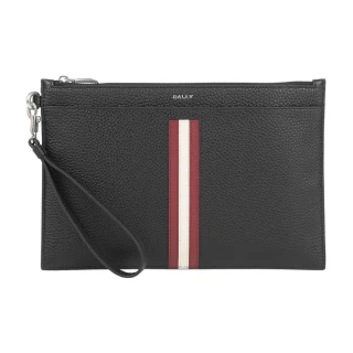 【BALLY】Ribbon 紅白條紋粒紋牛皮附提把手拿包(黑色)