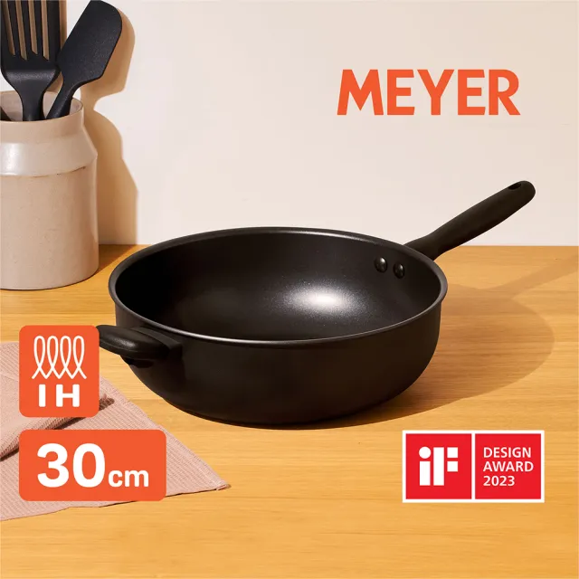 【MEYER 美亞】全黑陽極陶瓷 深炒鍋 深平底鍋 30cm 不沾鍋 鎧甲系列 (IH/電磁爐適用/鍋深10cm)