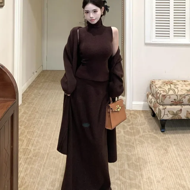 【AS 梨卡】女裝 套裝 連身裙 連身長裙 背心 長裙 外套 針織 冬天套裝 高領背心套裝 ES359