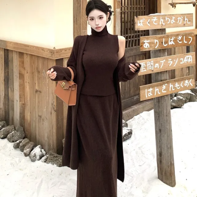 【AS 梨卡】女裝 套裝 連身裙 連身長裙 背心 長裙 外套 針織 冬天套裝 高領背心套裝 ES359