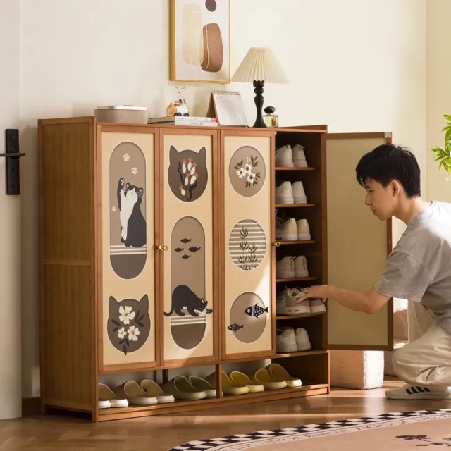 現代簡約防塵多功能鞋櫃（91×32×93cm三門7層/貓咪噴繪/大容量收納）