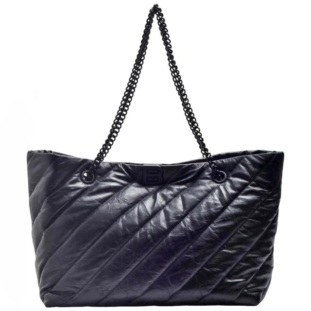 【Balenciaga 巴黎世家】經典 Crush系列絎縫壓皺小牛皮鏈環提把手提/肩背包(中型-黑色)