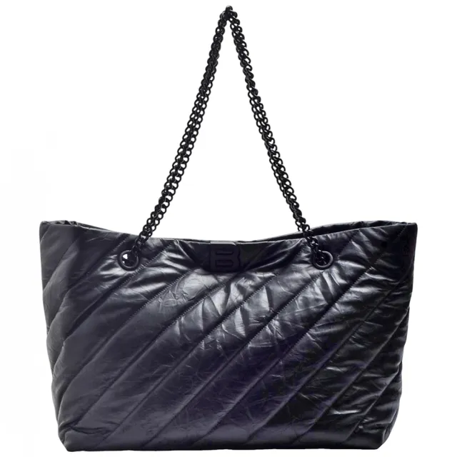 【Balenciaga 巴黎世家】經典 Crush系列絎縫壓皺小牛皮鏈環提把手提/肩背包(中型-黑色)