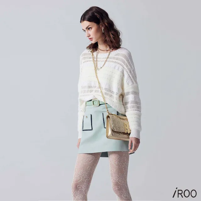 【iROO】貝殼刺繡鑲邊短裙