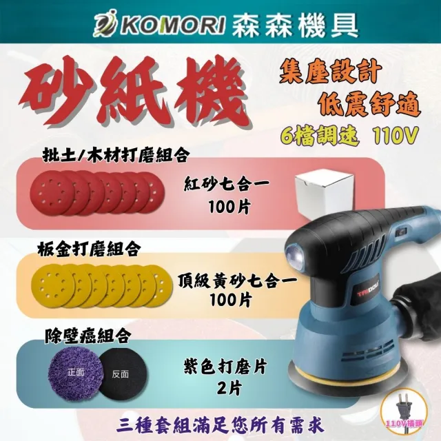 【森森機具】110V圓型砂紙機 5吋8孔 交換禮物(3種套組 6檔調速 砂光機 磨砂機 抛光機)