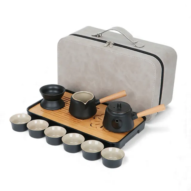 【LIFE SHOP】陶瓷側把壺旅行茶具套組/ 陶瓷提樑壺旅行茶具組 附收納包  旅行泡茶組 隨身泡茶 茶器套裝