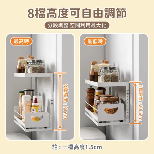 【慢慢家居】可抽拉雙層磁吸式置物架-高度可調 (冰箱收納架 冰箱置物架 廚房收納 無痕收納)
