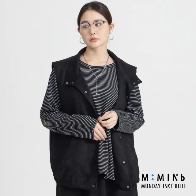【M：MINb】麂皮背心條紋長袖T恤兩件組(黑色/中大尺碼女裝/XL女裝/女裝/肉肉女穿搭/長袖/T恤)
