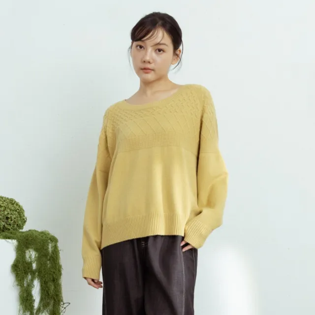 【MOSS CLUB】親膚立體編織紋拉克蘭袖針織上衣(藍 卡 黃/魅力商品)