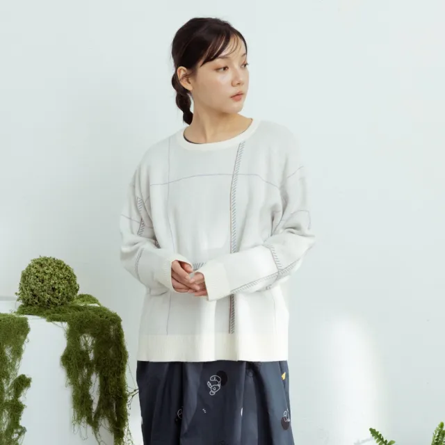 【MOSS CLUB】氣質大格紋配色縫線落肩針織上衣(藍 深藍 杏/魅力商品)
