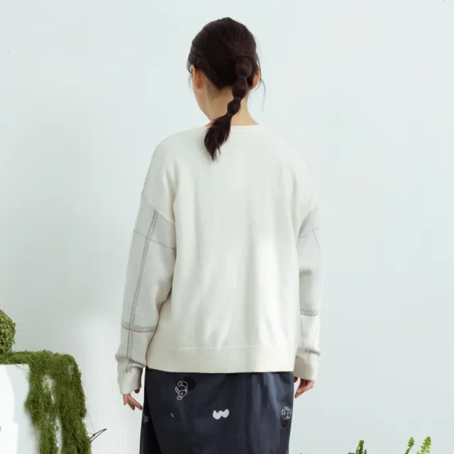 【MOSS CLUB】氣質大格紋配色縫線落肩針織上衣(藍 深藍 杏/魅力商品)