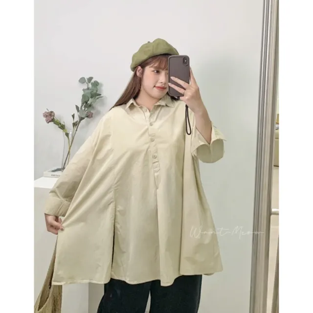 【Want-Meow】100公斤可穿/寬鬆舒適無印簡約風前開岔中長版素面長袖襯衫(大碼/大尺碼/加大碼/長袖襯衫)