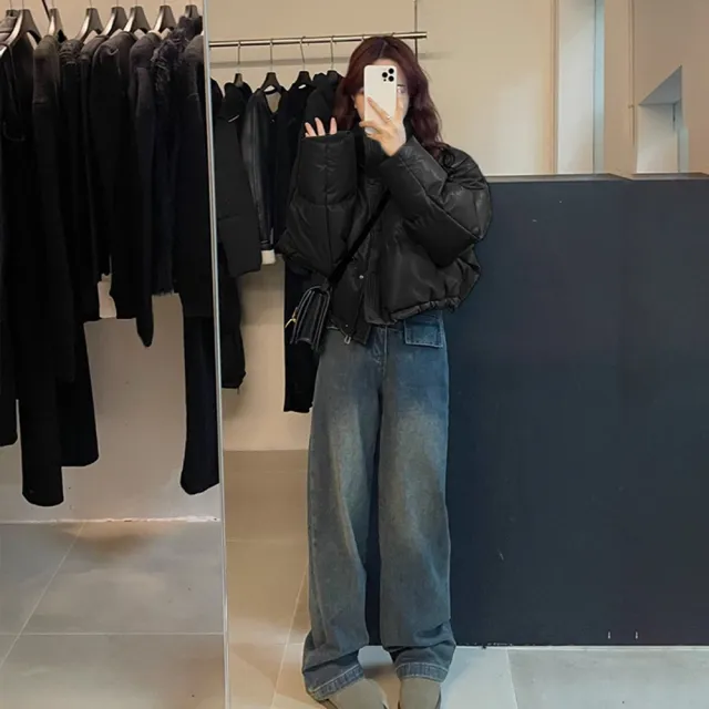 【D.studio】韓版高級感寬鬆立領皮外套(短版外套保暖外套皮外套女裝衣服上衣冬天外套保暖上衣 J364)