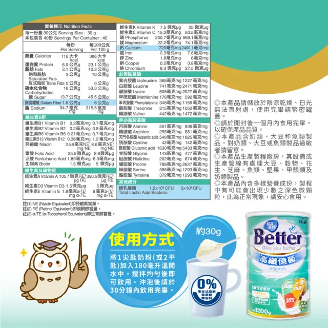 【NOAH 諾亞】Better高鈣高纖億菌營養奶粉1200g/罐(買1送1-保健膠囊/穀粉/膠原蛋白飲 任選一支)