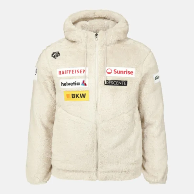 【DESCENTE】外套 女 運動連帽外套 刷毛 (SWISS SKI) HIGH-LOFT FLEECE JACKET 米白 SQ423SKTO3-LBEG