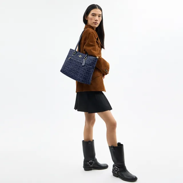【COACH】蔻馳官方直營 STATION經典SIGNATURE丹寧布托特手袋 托特包-IM/藍色色(CDB88)