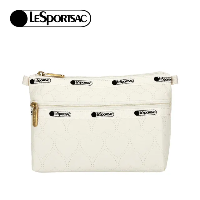 【Lesportsac】Cosmetic Clutch 雙層拉鍊化妝包 收納袋 盥洗包 女包(米白愛心壓紋)