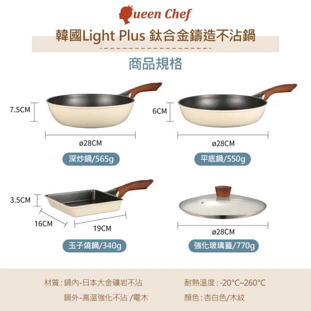 【Queen Chef】韓國Light Plus 鈦合金鑄造不沾三鍋四件組28cm(炒鍋+平底鍋+玉子燒鍋+蓋)