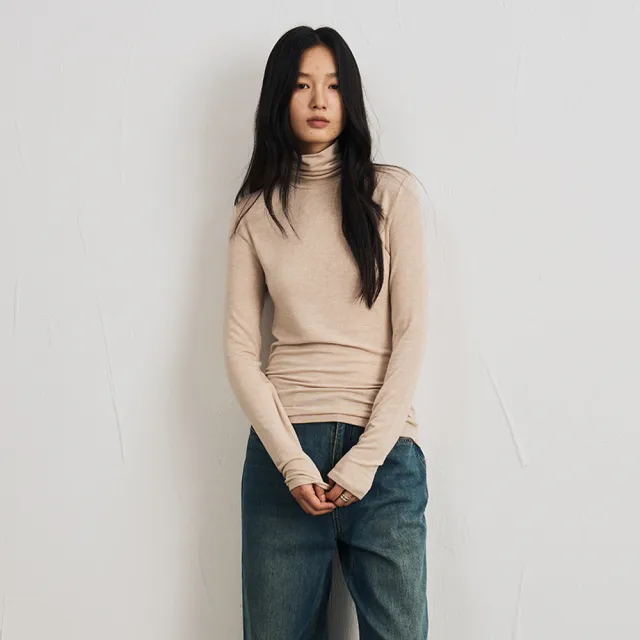 【BODYAIR】輕膚山羊絨莫代爾高皺領上衣(打底.長袖.內搭.T恤.保暖.CASUAL)