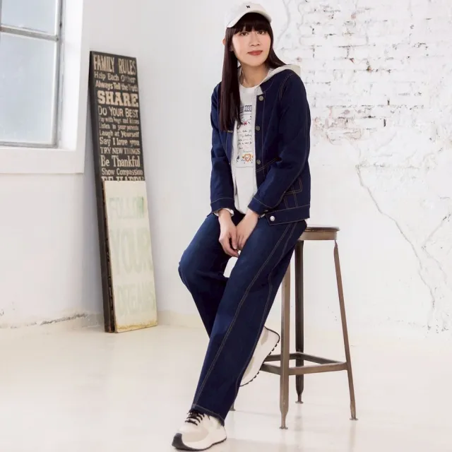 【JIN HWA 今譁】學院風潮流牛仔拼接連帽休閒T造型修身牛仔外套X6581