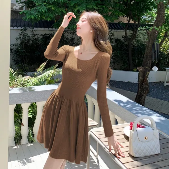 【baibeauty 白鳥麗子】洋裝．甜美純色針織百褶圓領長袖連身裙