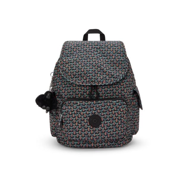 【KIPLING】『猴子包』幾何印花拉鍊掀蓋後背包-CITY PACK S 女包