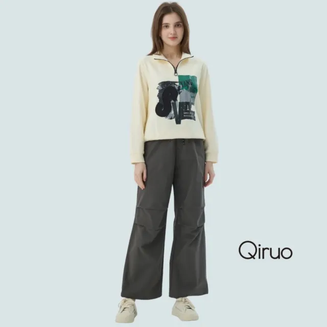 【Qiruo 奇若名品】防水材質  鬆緊腰側邊大口袋 灰色休閒褲7151C