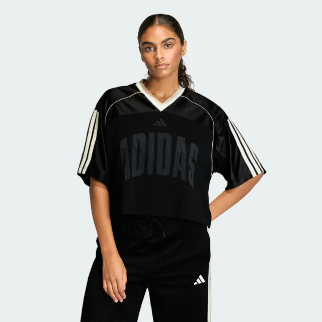 【adidas 愛迪達】W Sta Seas Tee 女 T恤 運動上衣 休閒短袖 V領 黑 白 亞版(JY6971)