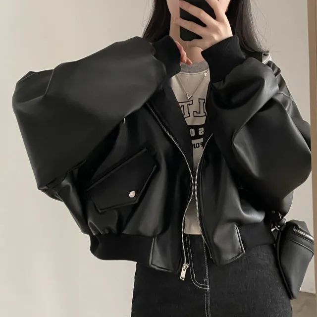 【AS 梨卡】女裝 外套 皮衣 連帽外套 復古皮衣 休閒寬鬆外套 假兩件連帽皮衣 秋冬保暖 WT288