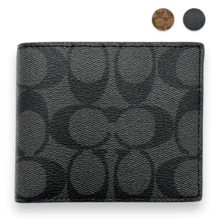 【COACH】經典緹花LOGO PVC 防刮皮革 七卡對開 男生 短夾 皮夾(CY394 男生 皮夾 短夾)