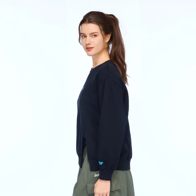 【JEEP】女裝 跳色LOGO長袖開衩大學T(黑色)