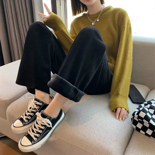 【D.studio】韓版加絨加厚奶油色系高腰寬鬆寬褲 褲子長褲休閒褲女裝黑褲發熱褲保暖褲冬天女裝P302
