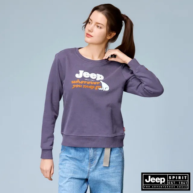 【JEEP】JEEP 女裝 北極熊毛巾繡長袖刷毛大學T(紫色)