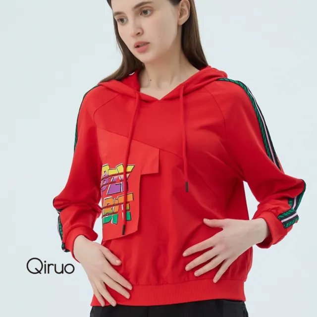 【Qiruo 奇若名品】棉質 彩色印字紅色長袖連帽上衣2546A