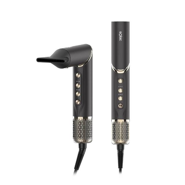 Solac SR-1000G Solac SR-1000G 電吹風,具三段溫度及三段風速調節,適合各種髮質造型需求。黑色系設計輕巧,支援國際電壓110V,方便出國旅行使用。瓦數1000W以下,內附集中吹嘴配件,中國製造,BSMI許可字號R31310,享有1年保固保障。