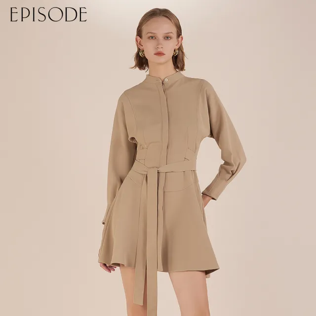 【EPISODE】出清品 簡約顯瘦綁帶紐扣長袖洋裝E30504（卡其）