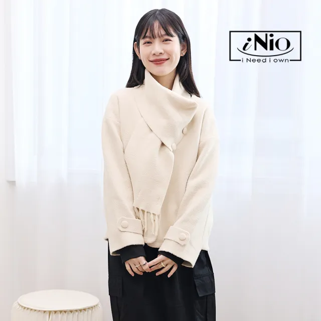 【iNio 衣著美學】圍巾式典雅毛呢外套 V領搭配扣環圍巾 寬鬆剪裁 長袖上衣外套 CDW4734