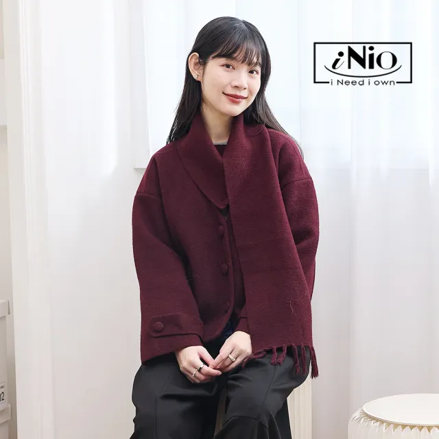 【iNio 衣著美學】圍巾式典雅毛呢外套 V領搭配扣環圍巾 寬鬆剪裁 長袖上衣外套 CDW4734