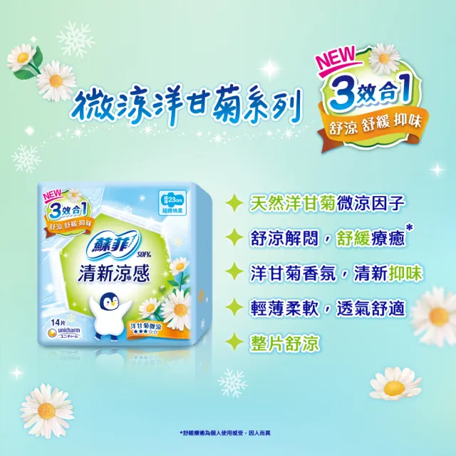 【Sofy 蘇菲】清新涼感衛生棉 薄荷清涼/小黃瓜微涼/洋甘菊微涼 4包組(23/25/29/35cm)