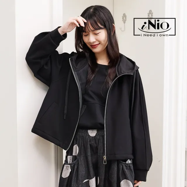 【iNio 衣著美學】保暖舒適抽繩連帽長袖外套 內刷毛 翻領連帽 落肩縮口袖 長袖外套 CEW4845