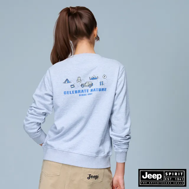 【JEEP】女裝 山系露營印花長袖大學T(灰色)