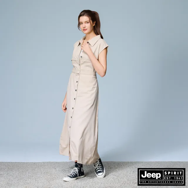 【JEEP】女裝 優雅顯瘦腰帶設計無袖洋裝(卡其色)