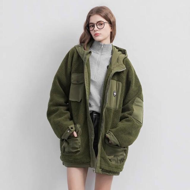 【SCANDINAVIAN FOREST 北歐小刺蝟】羊羔絨拼接連帽外套-軍綠 (男女共穿)長袖 秋冬 簡約 保暖 大衣