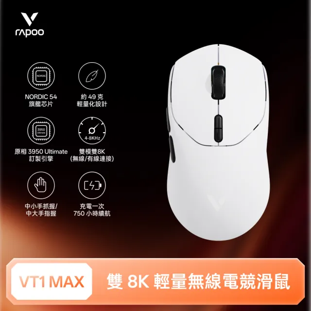 【rapoo 雷柏】VT1 MAX 輕量雙模雙8K人體工學電競滑鼠