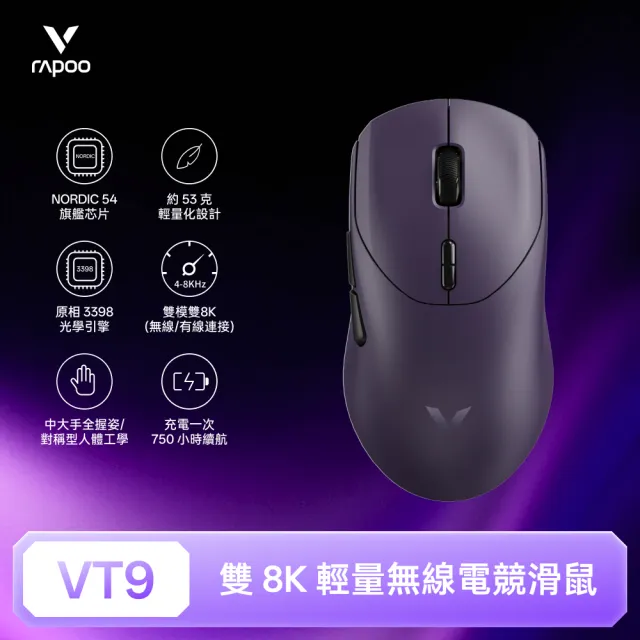 【rapoo 雷柏】VT9 輕量雙模雙8K人體工學電競滑鼠